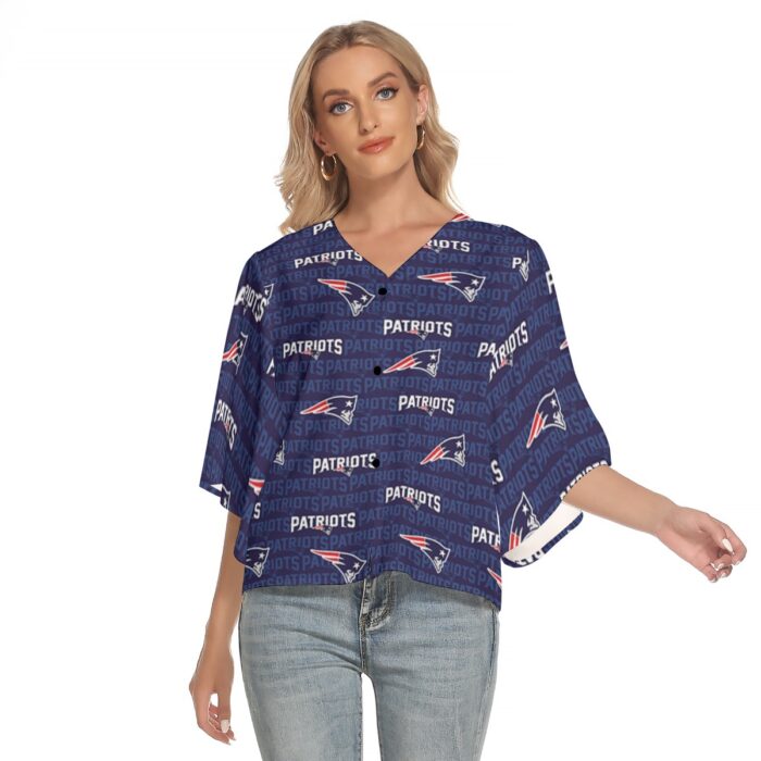 New England Patriots Zubaz All-Over Print Women's Bat Sleeve Light V-neck Front Buttoned Top - Image 3