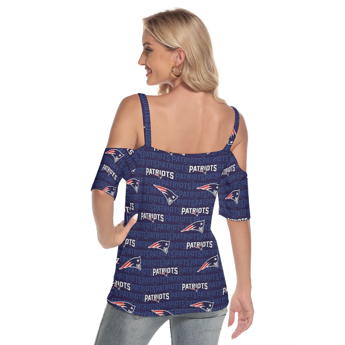New England Patriots All-Over Print Women's Cold Shoulder T-shirt With Criss Cross Strips - Image 2