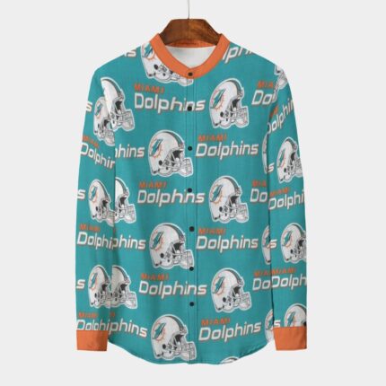 Miami Dolphins Zubaz All-Over Print Men's Stand Collar Shirt With Long Sleeve|110GSM Imitation Flax