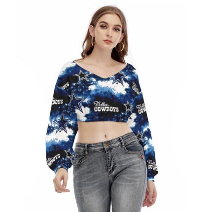 Dallas Cowboys Zubaz All-Over Print Women's V-neck Long Sleeve Cropped Sweatshirt