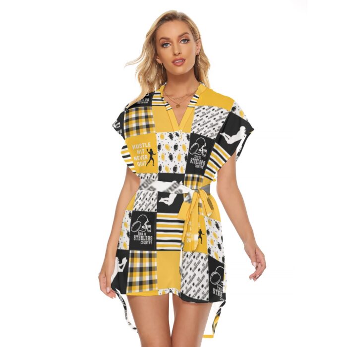 Pittsburgh Steelers All-Over Print Women's Stand-up Collar Casual Dress With Belt - Image 4