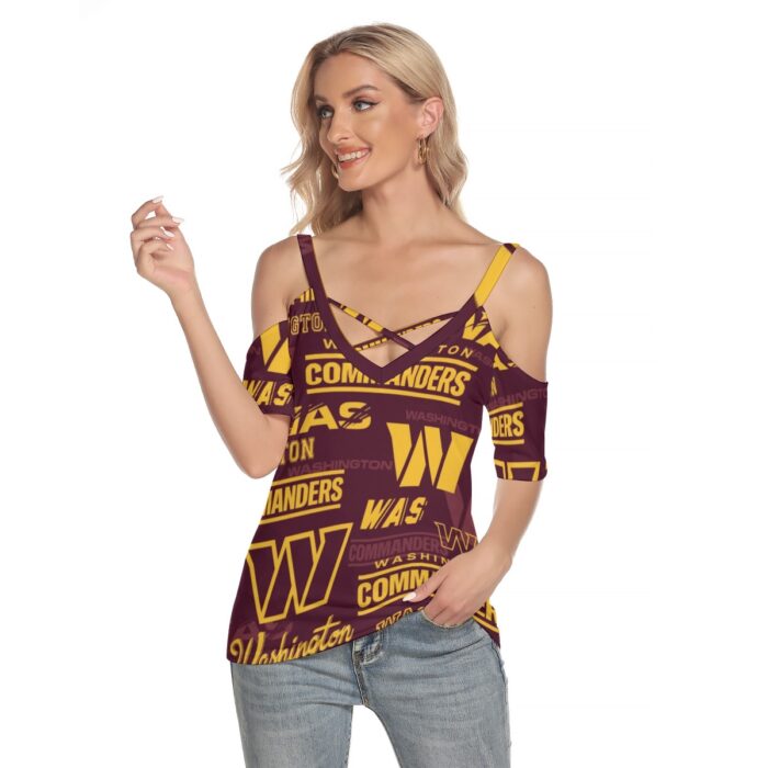 Washington Commanders Women's Cold Shoulder T-shirt With Criss Cross Strips - Image 1