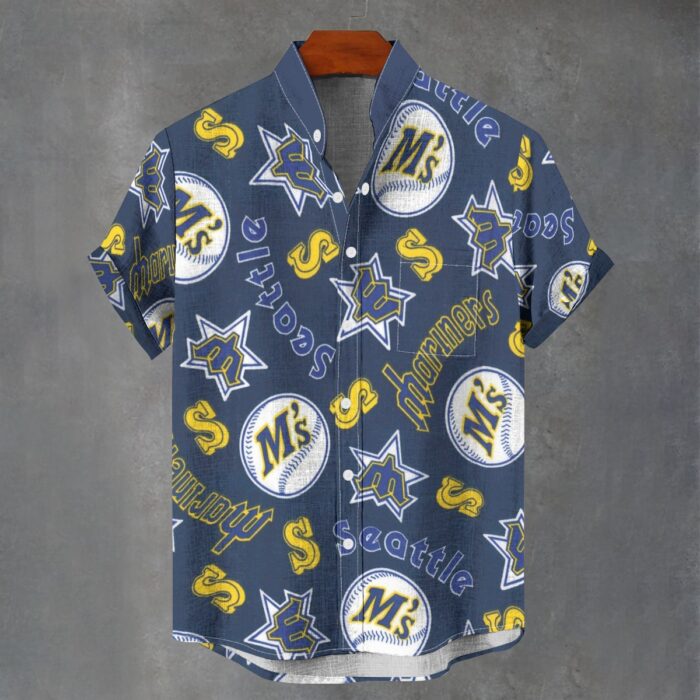 Seattle Mariners Men's Stand Collar Shirt|110GSM Imitation Flax - Image 1