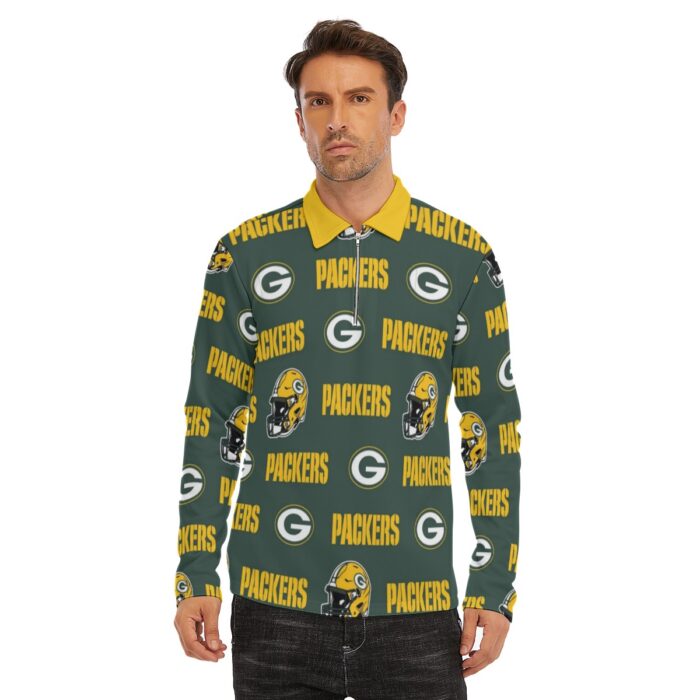Green Bay Packers All-Over Print Men's Lapel T-shirt With Neckline Zipper Closure - Image 2