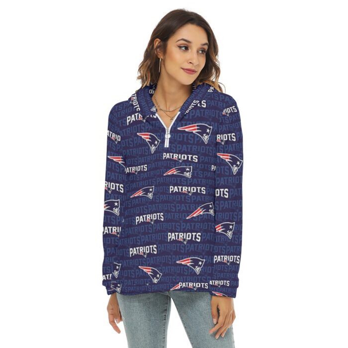 New England Patriots All-Over Print Women's Borg Fleece Hoodie With Half Zip - Image 3