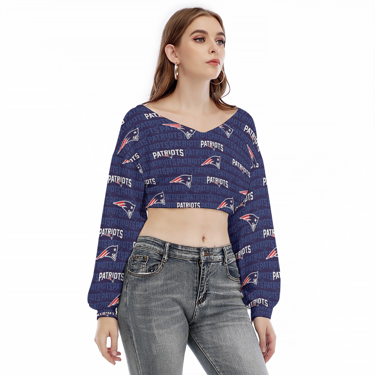New England Patriots All-Over Print Women's V-neck Long Sleeve Cropped Sweatshirt - Image 2
