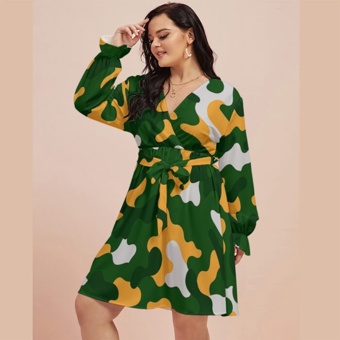 Green Bay Packers All-Over Print Women's V-neck Dress With Waistband(Plus Size) - Image 3
