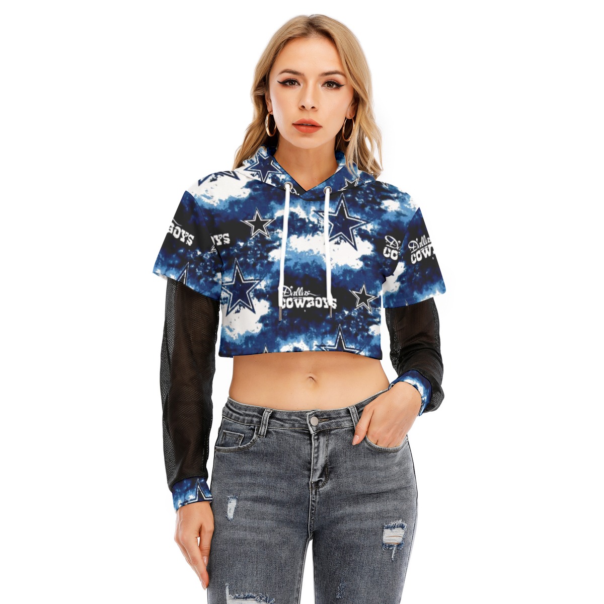Dallas Cowboys Zubaz All-Over Print Women's Fake Two-piece Mesh Sleeve Cropped Hoodie - Image 3