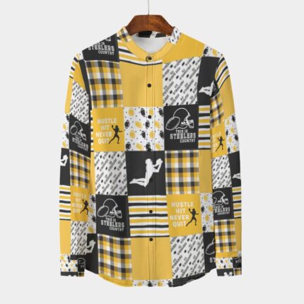 Pittsburgh Steelers All-Over Print Men's Stand Collar Shirt With Long Sleeve|110GSM Imitation Flax