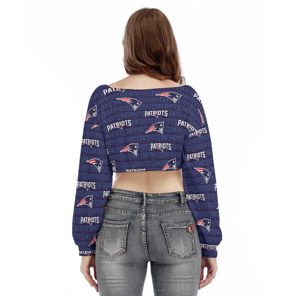 New England Patriots All-Over Print Women's V-neck Long Sleeve Cropped Sweatshirt - Image 4