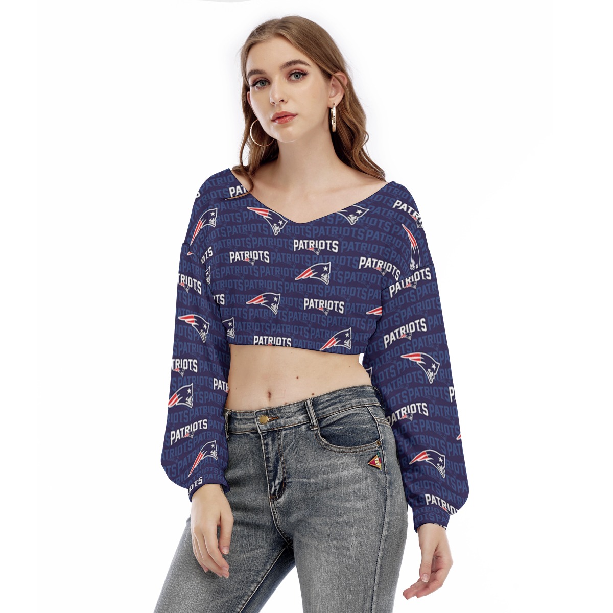New England Patriots All-Over Print Women's V-neck Long Sleeve Cropped Sweatshirt - Image 3