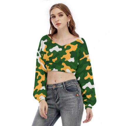 Green Bay Packers All-Over Print Women's V-neck Long Sleeve Cropped Sweatshirt