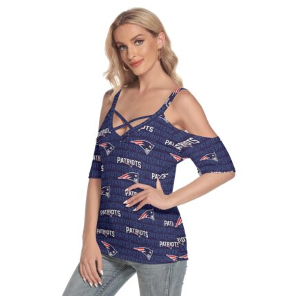 New England Patriots All-Over Print Women's Cold Shoulder T-shirt With Criss Cross Strips