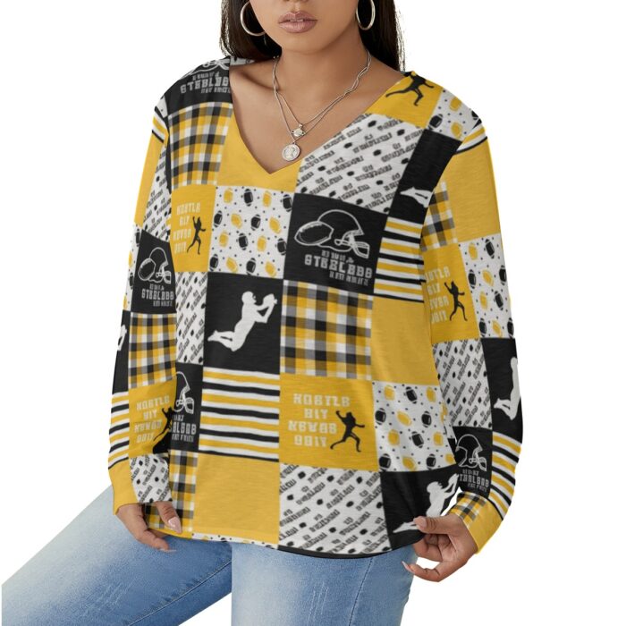 Pittsburgh Steelers Zubaz All-Over Print Women's V-neck T-shirt With Curved Hem(Plus Size) - Image 1