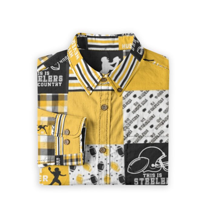 Pittsburgh Steelers All-Over Print Men's Casual Lapel Long Sleeve Shirt|125GSM Cotton - Image 2