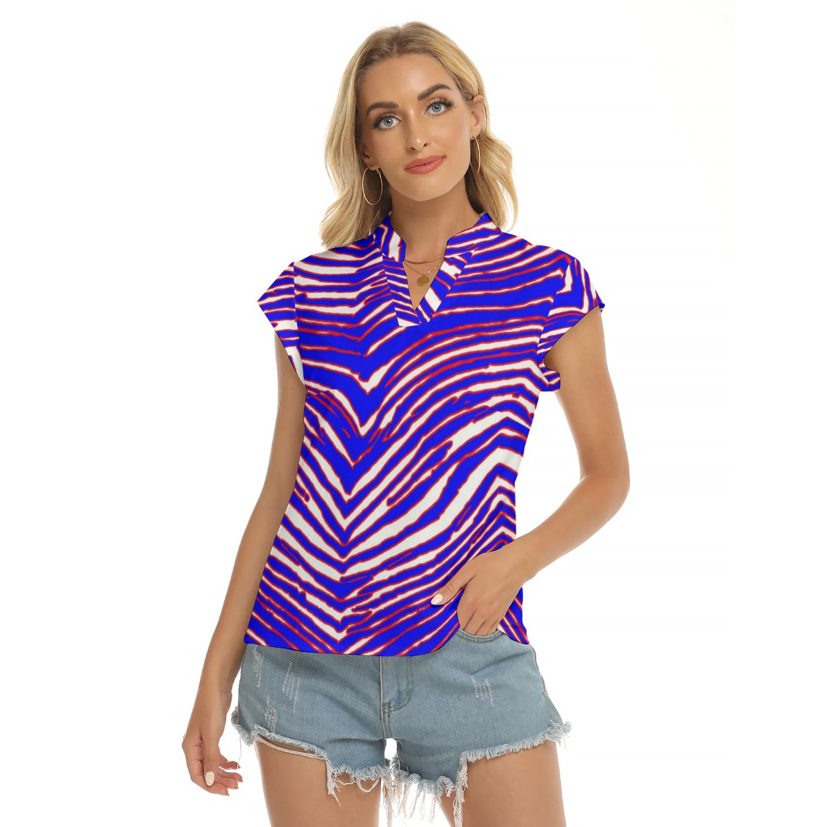 Buffalo Bills Zubaz All-Over Print Women's Stacked V-neck Short Sleeve Blouse - Image 4