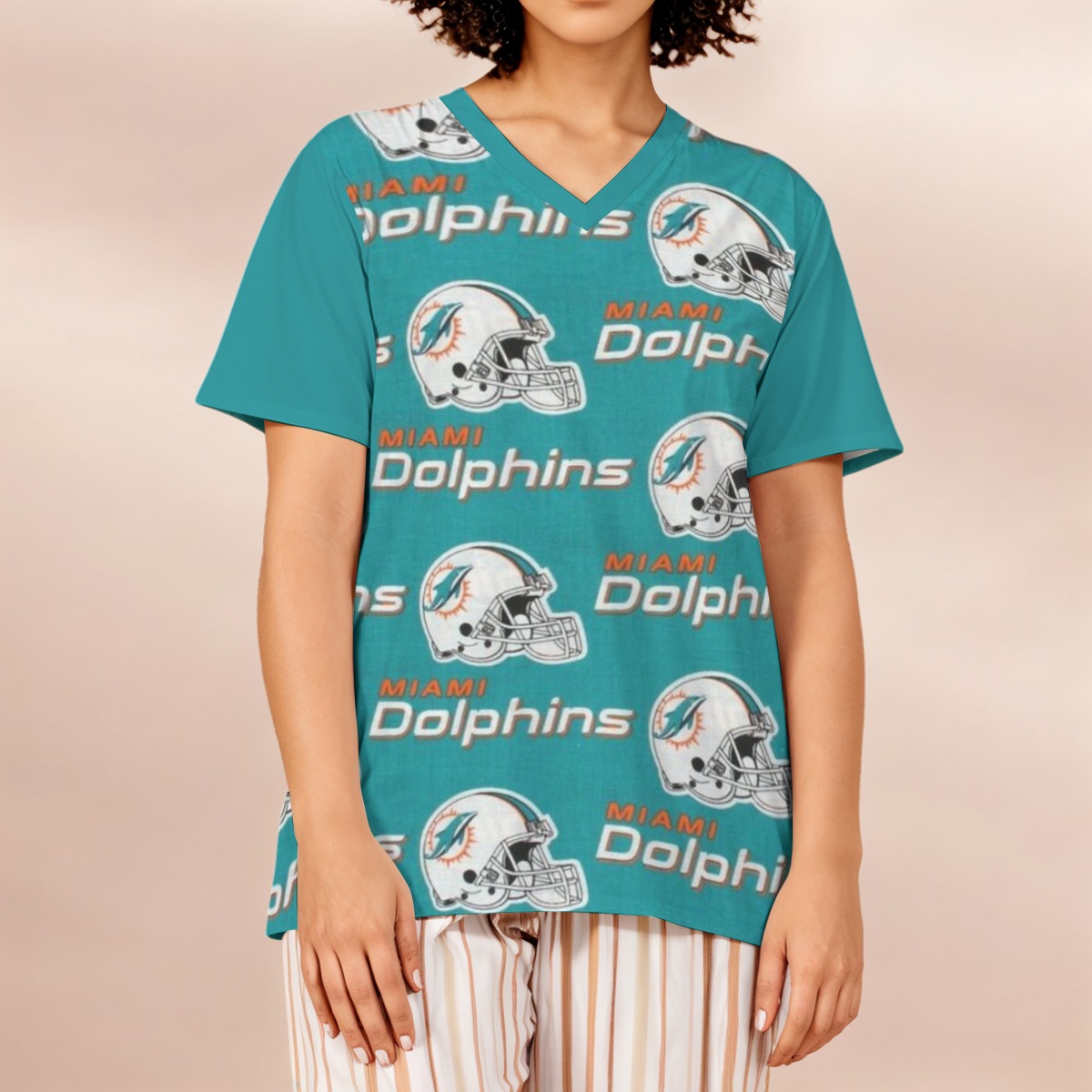 Miami Dolphins Zubaz All-Over Print Women's Loose V-Neck Short-Sleeve T-Shirt