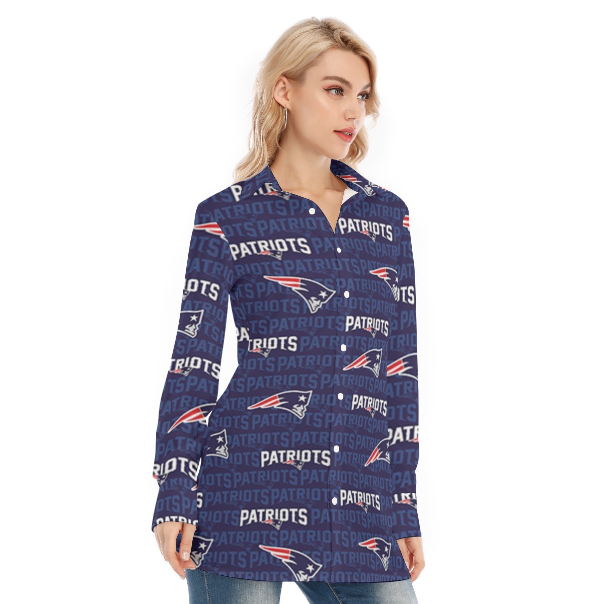 New England Patriots All-Over Print Women's Long Shirt |115GSM Cotton poplin - Image 3