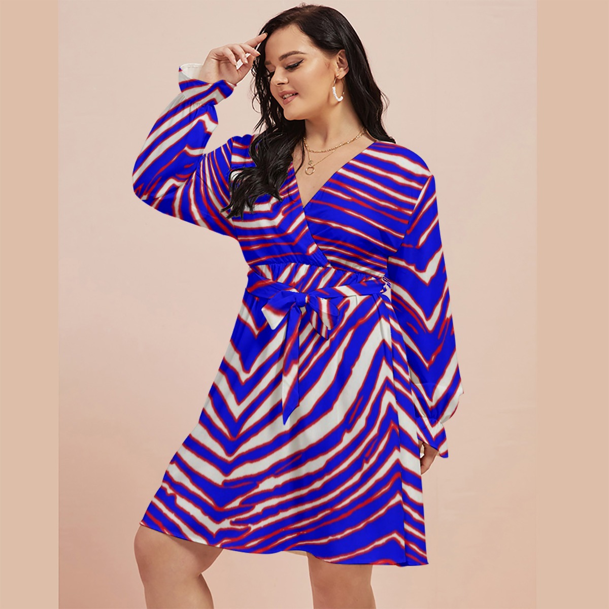 Buffalo Bills Zubaz All-Over Print Women's V-neck Dress With Waistband(Plus Size) - Image 2