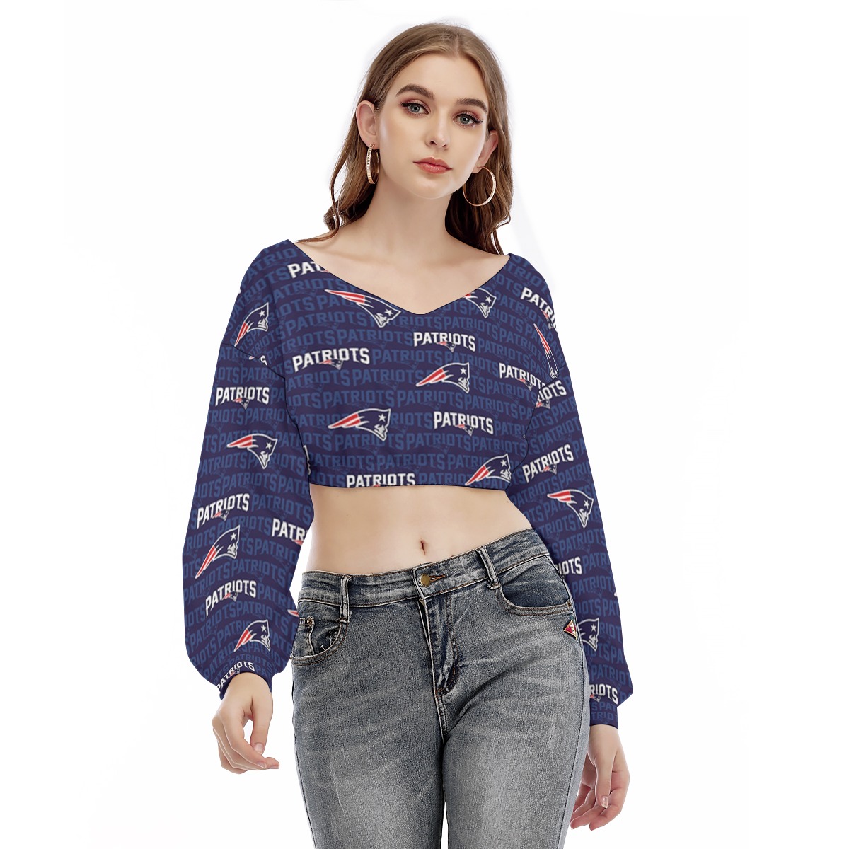 New England Patriots All-Over Print Women's V-neck Long Sleeve Cropped Sweatshirt