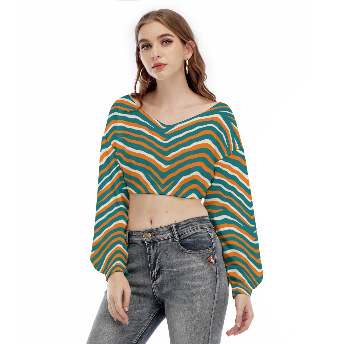 Miami Dolphins Zubaz All-Over Print Women's V-neck Long Sleeve Cropped Sweatshirt