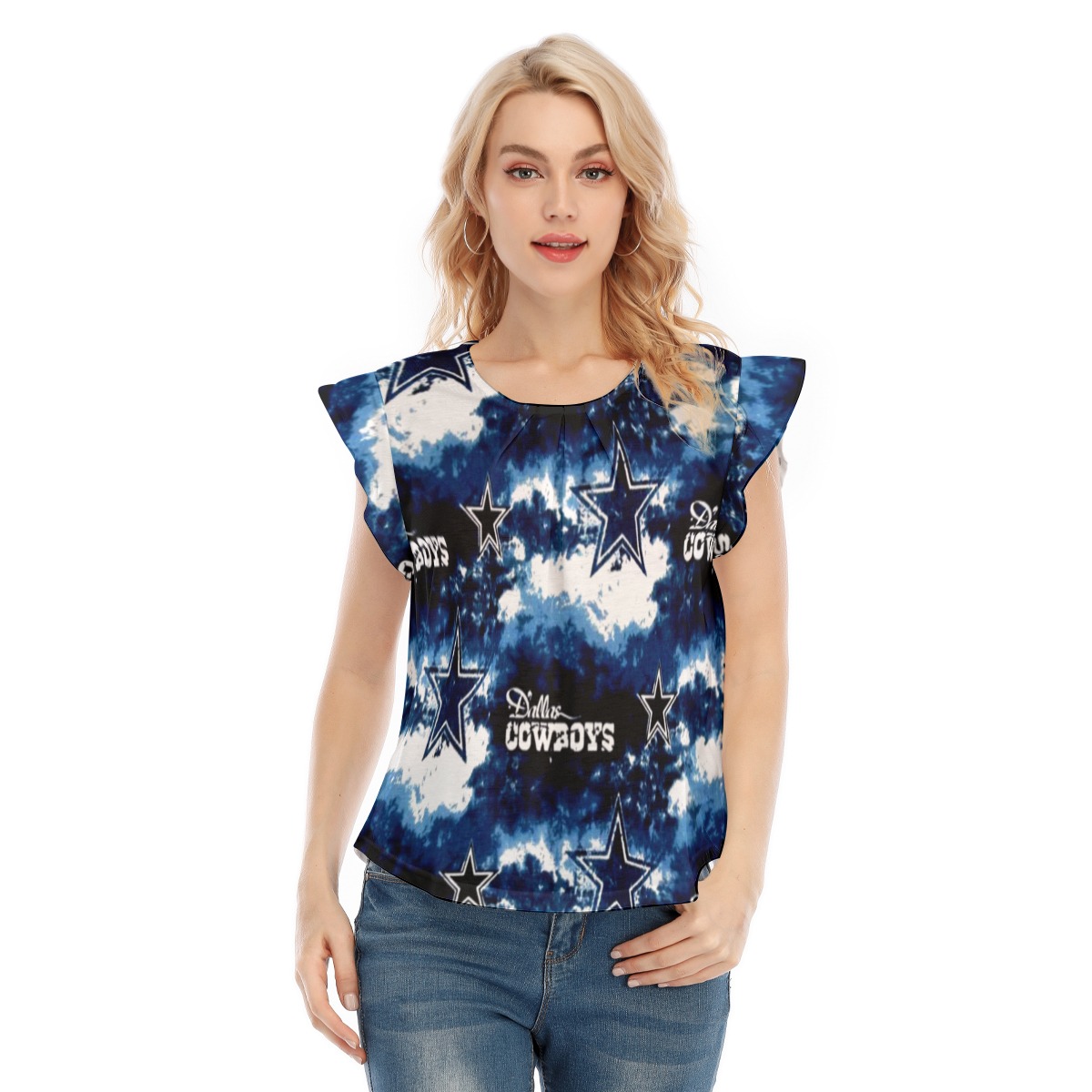 Dallas Cowboys Zubaz All-Over Print Women's O-neck T-shirt With Ruffle Sleeves - Image 4