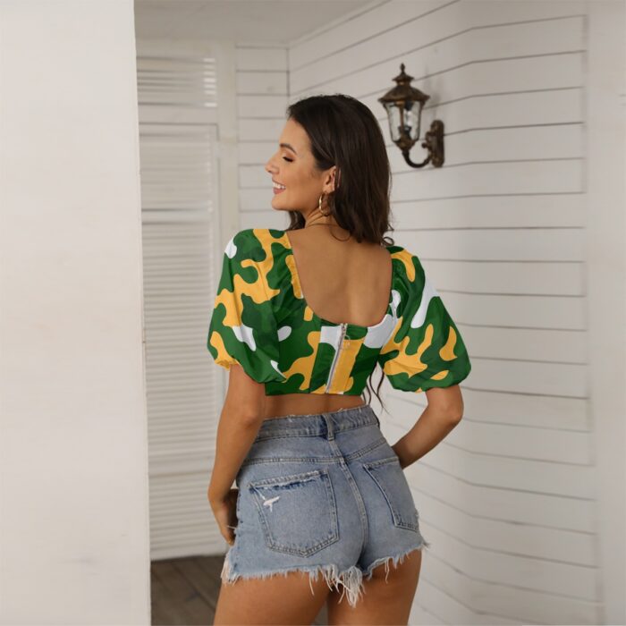 Green Bay Packers All-Over Print Women's Square Collar Cropped Top With Puff Sleeve - Image 3