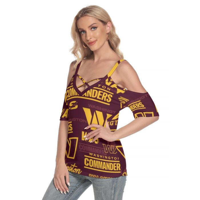 Washington Commanders Women's Cold Shoulder T-shirt With Criss Cross Strips - Image 3