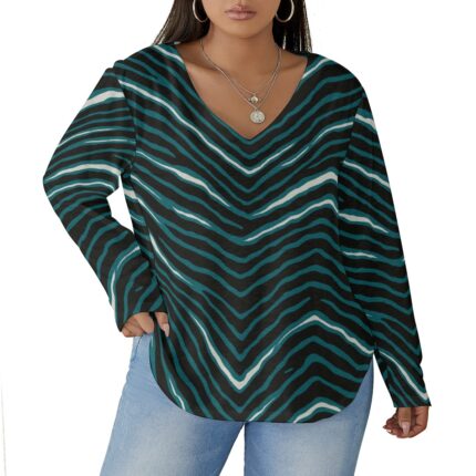 Philadelphia Eagles Zubaz All-Over Print Women's V-neck T-shirt With Curved Hem(Plus Size)