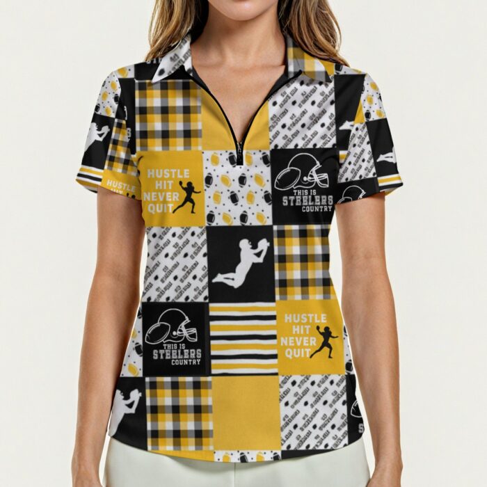 Pittsburgh Steelers All-Over Print Women's Zip Polo Shirt With Short Sleeve - Image 1