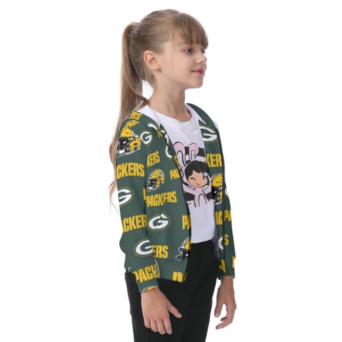 Green Bay Packers All-Over Print Kid's Zip-up Hoodie With Patch Pocket - Image 1