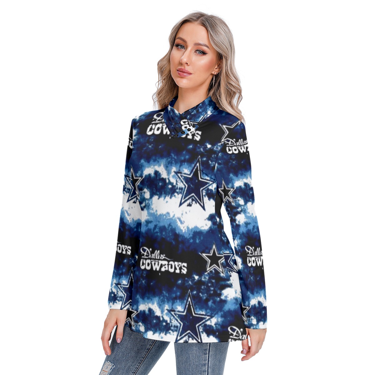 Dallas Cowboys Zubaz All-Over Print Women's Long-sleeved Heap-neck Slim Casual Tunic Blouse - Image 4