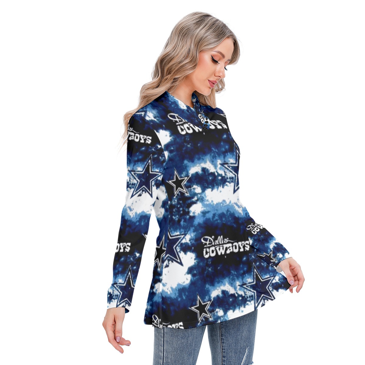 Dallas Cowboys Zubaz All-Over Print Women's Long-sleeved Heap-neck Slim Casual Tunic Blouse