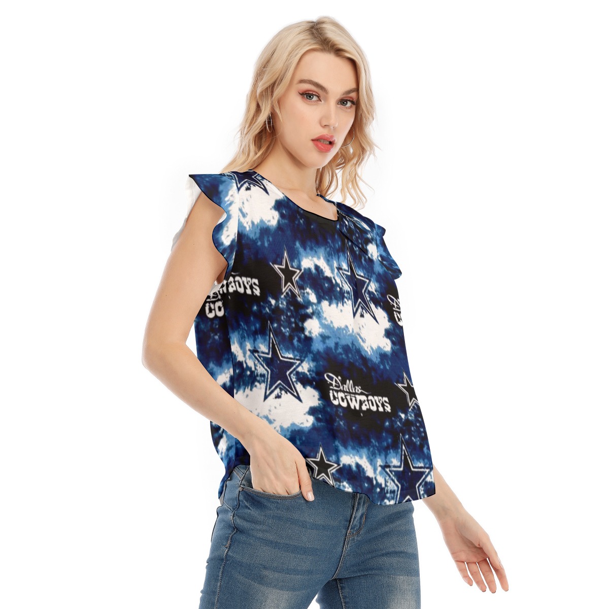 Dallas Cowboys Zubaz All-Over Print Women's O-neck T-shirt With Ruffle Sleeves - Image 3