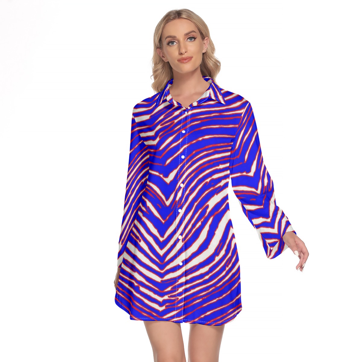 Buffalo Bills Zubaz All-Over Print Women's Lapel Shirt Dress With Long Sleeve