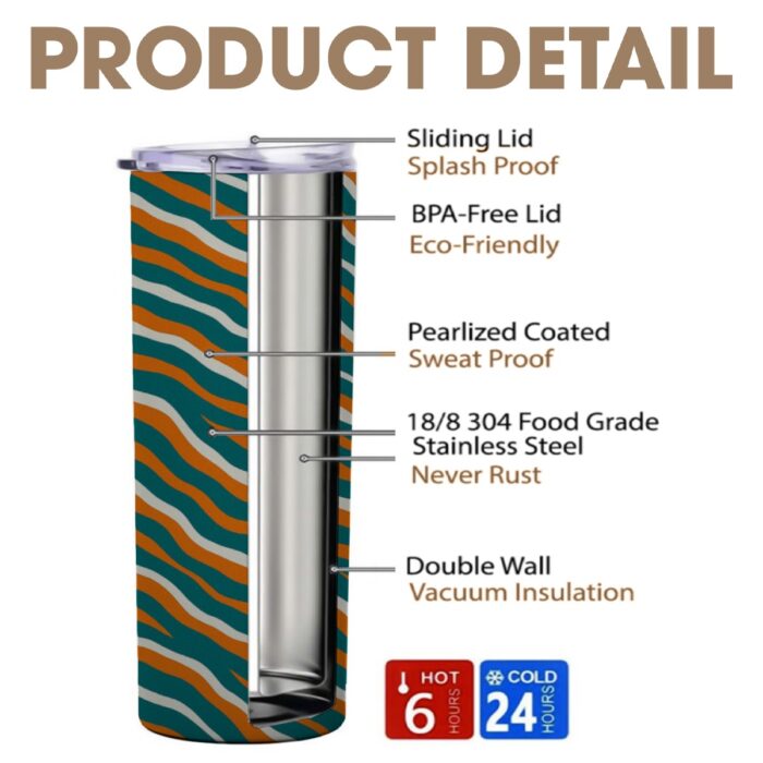 Miami Dolphins Zubaz Skinny Tumbler Stainless Steel with Lids 20OZ - Image 2