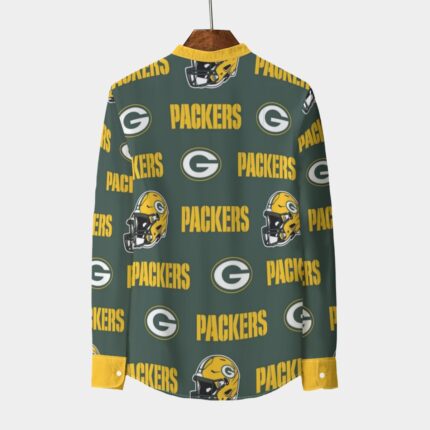 Green Bay Packers All-Over Print Men's Stand Collar Shirt With Long Sleeve|110GSM Imitation Flax