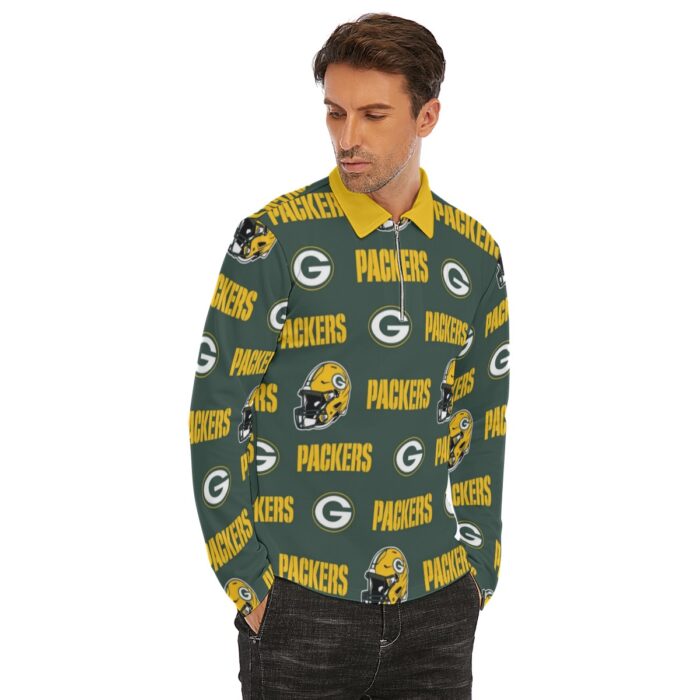 Green Bay Packers All-Over Print Men's Lapel T-shirt With Neckline Zipper Closure - Image 6