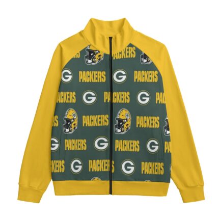 Green Bay Packers All-Over Print Unisex Stand Up Collar Jacket With Raglan Sleeve | 310GSM Cotton