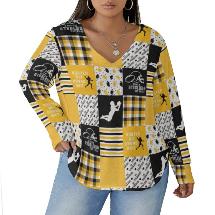 Pittsburgh Steelers Zubaz All-Over Print Women's V-neck T-shirt With Curved Hem(Plus Size) - Image 2