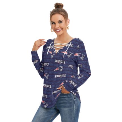 New England Patriots All-Over Print Women's Long Sleeve Neckline Tie Sweatshirt
