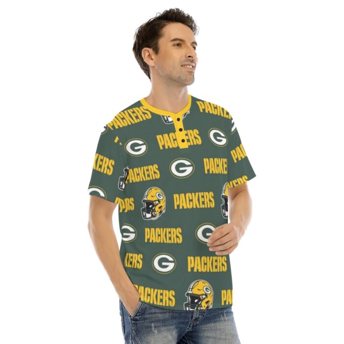 Green Bay Packers All-Over Print Men's Short Sleeve T-shirt With Button Closure - Image 2