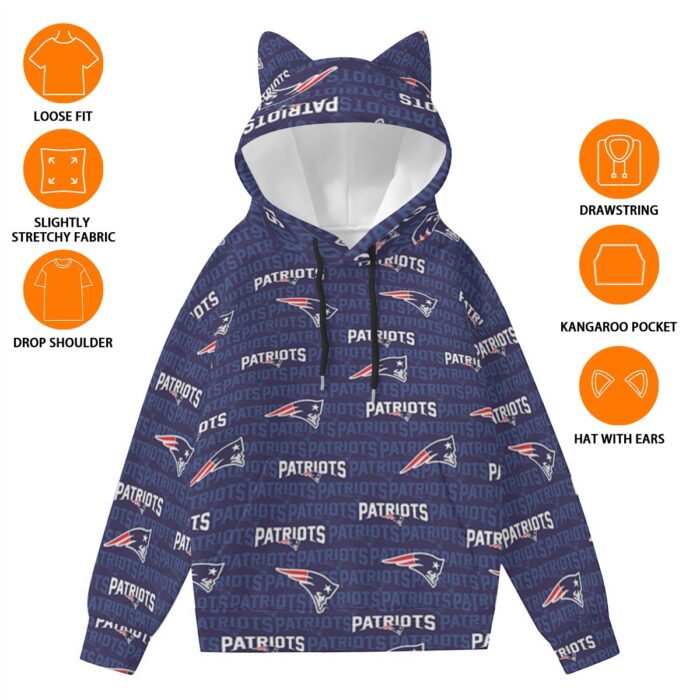 New England Patriots All-Over Print Women’s Hoodie With Decorative Ears - Image 1