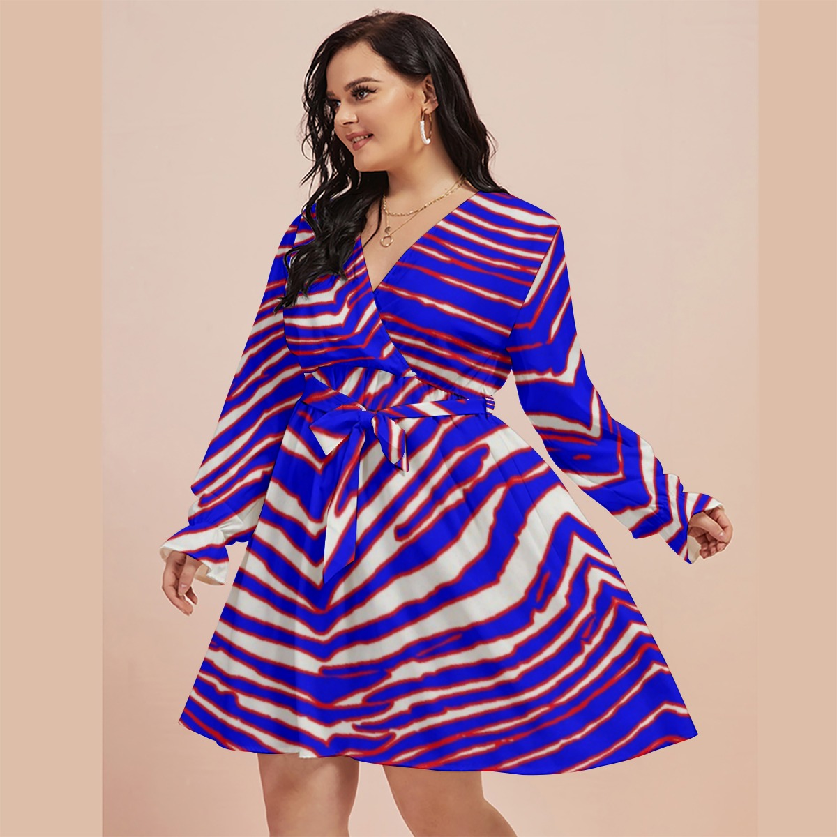 Buffalo Bills Zubaz All-Over Print Women's V-neck Dress With Waistband(Plus Size) - Image 4