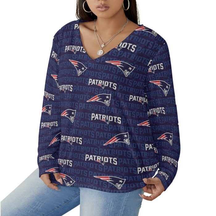 New England Patriots Zubaz All-Over Print Women's V-neck T-shirt With Curved Hem(Plus Size) - Image 3