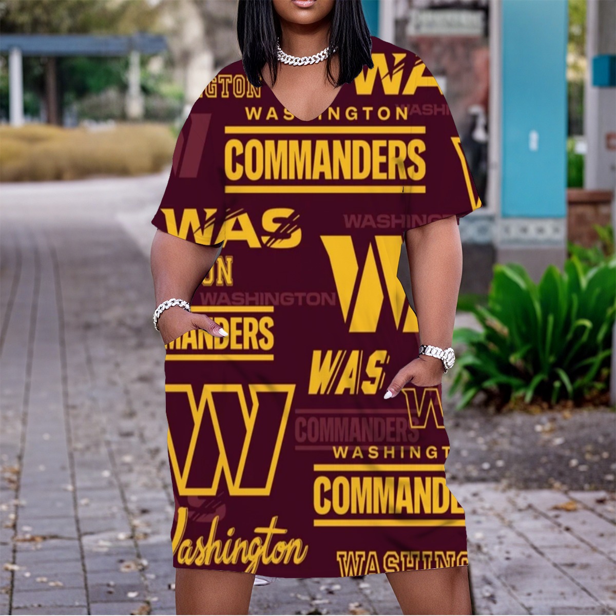 Washington Commanders Women'S V Neck Short Sleeve Dress|Plus Size