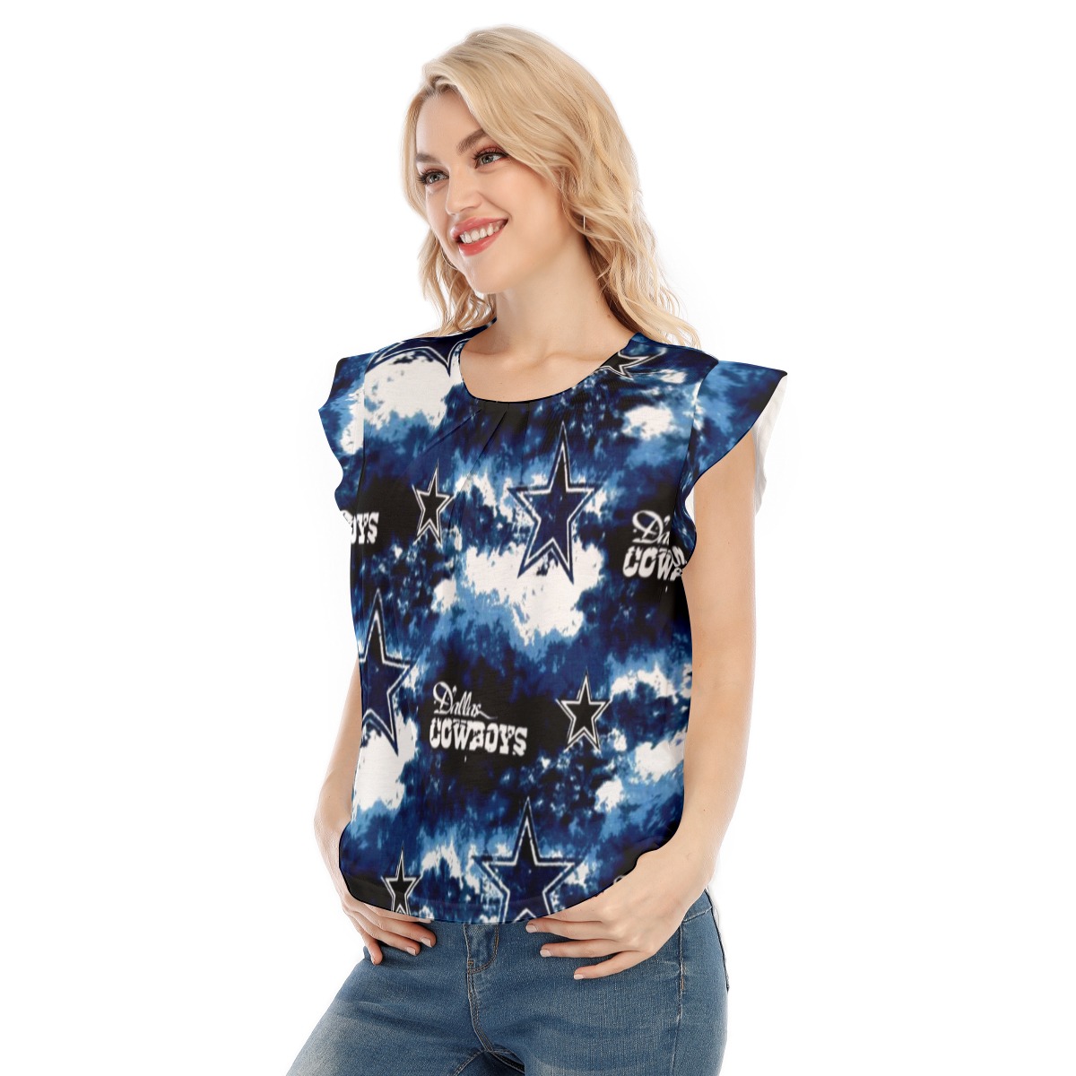 Dallas Cowboys Zubaz All-Over Print Women's O-neck T-shirt With Ruffle Sleeves - Image 2