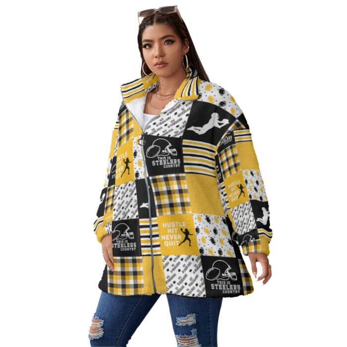 Pittsburgh Steelers All-Over Print Unisex Borg Fleece Stand-up Collar Coat With Zipper Closure(Plus Size) - Image 1