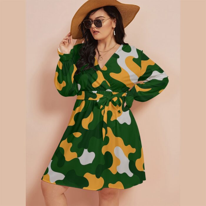 Green Bay Packers All-Over Print Women's V-neck Dress With Waistband(Plus Size) - Image 2