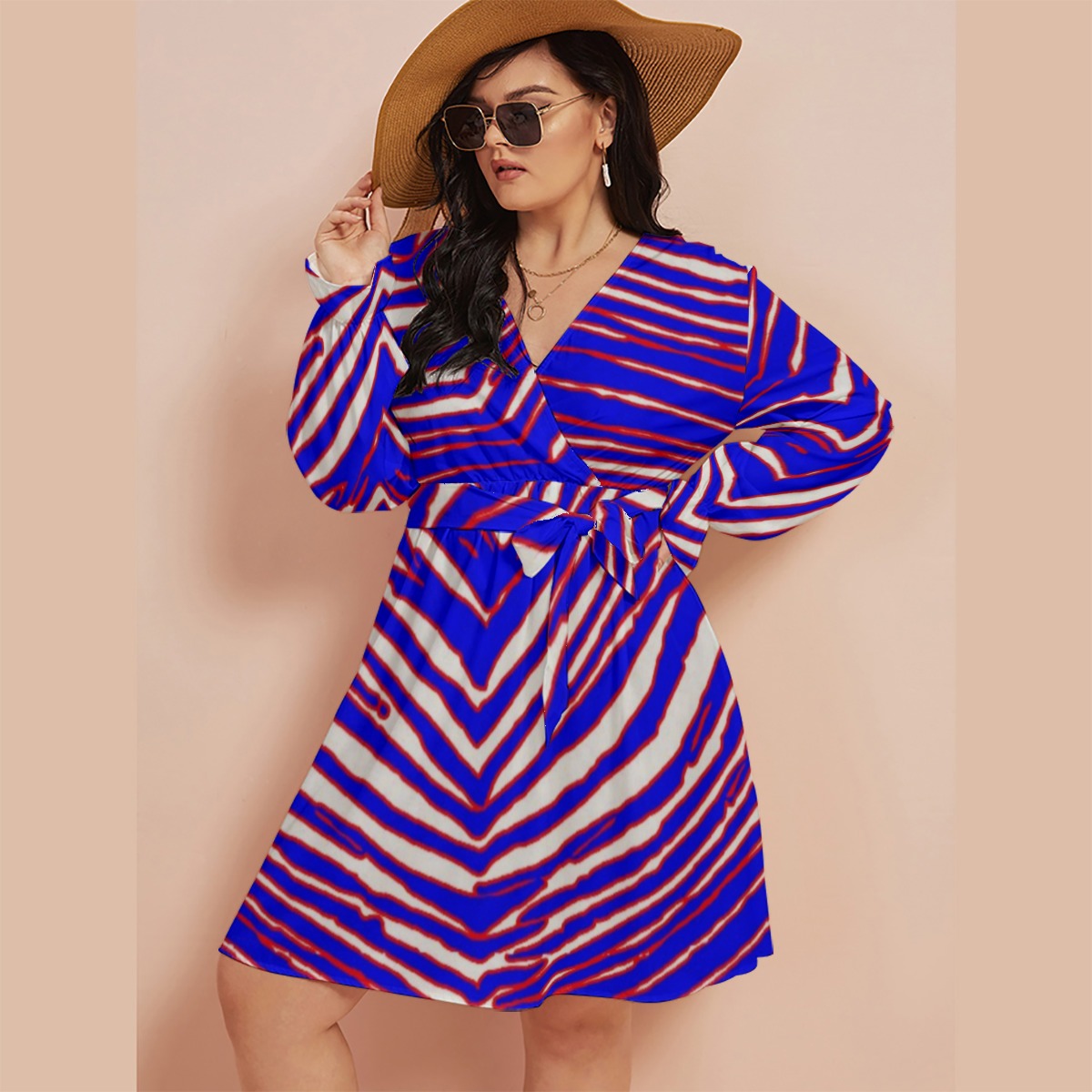 Buffalo Bills Zubaz All-Over Print Women's V-neck Dress With Waistband(Plus Size)
